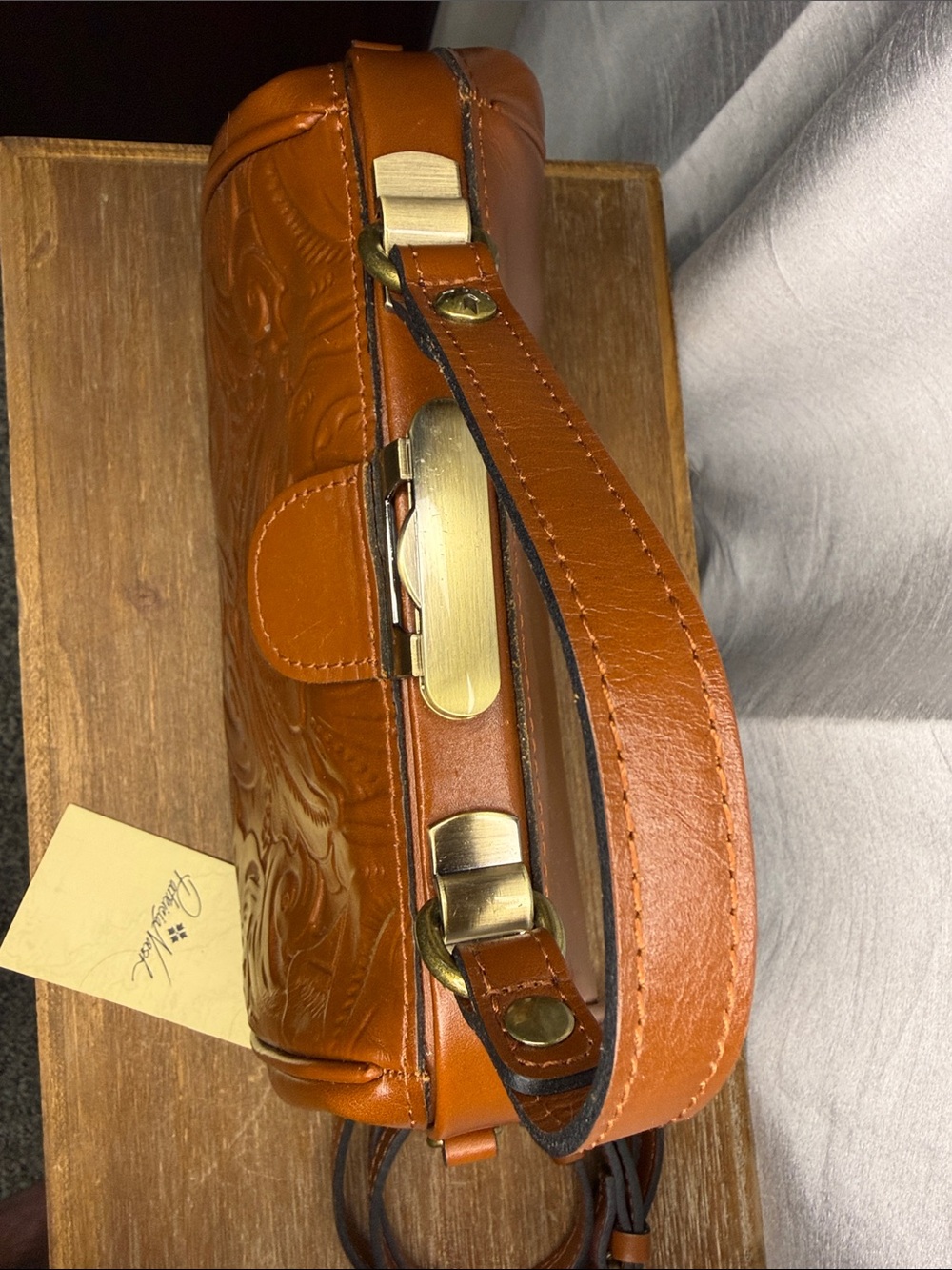Patricia Nash Tooled Gracchi Florence Frame Satchel Leather Rich Brown Authentic - Picture 14 of 14